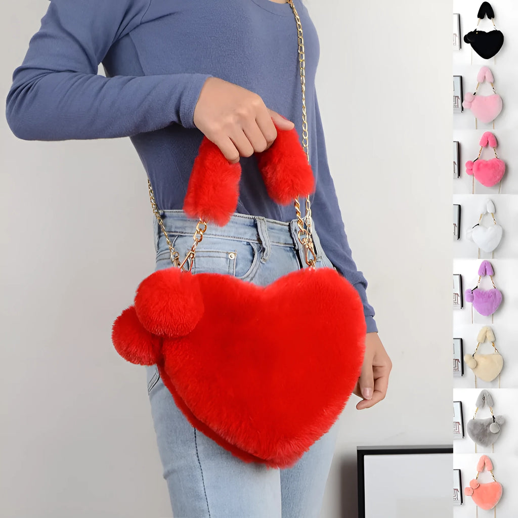 Heart-shaped women's plush handbag with soft texture and detachable shoulder strap in medium size