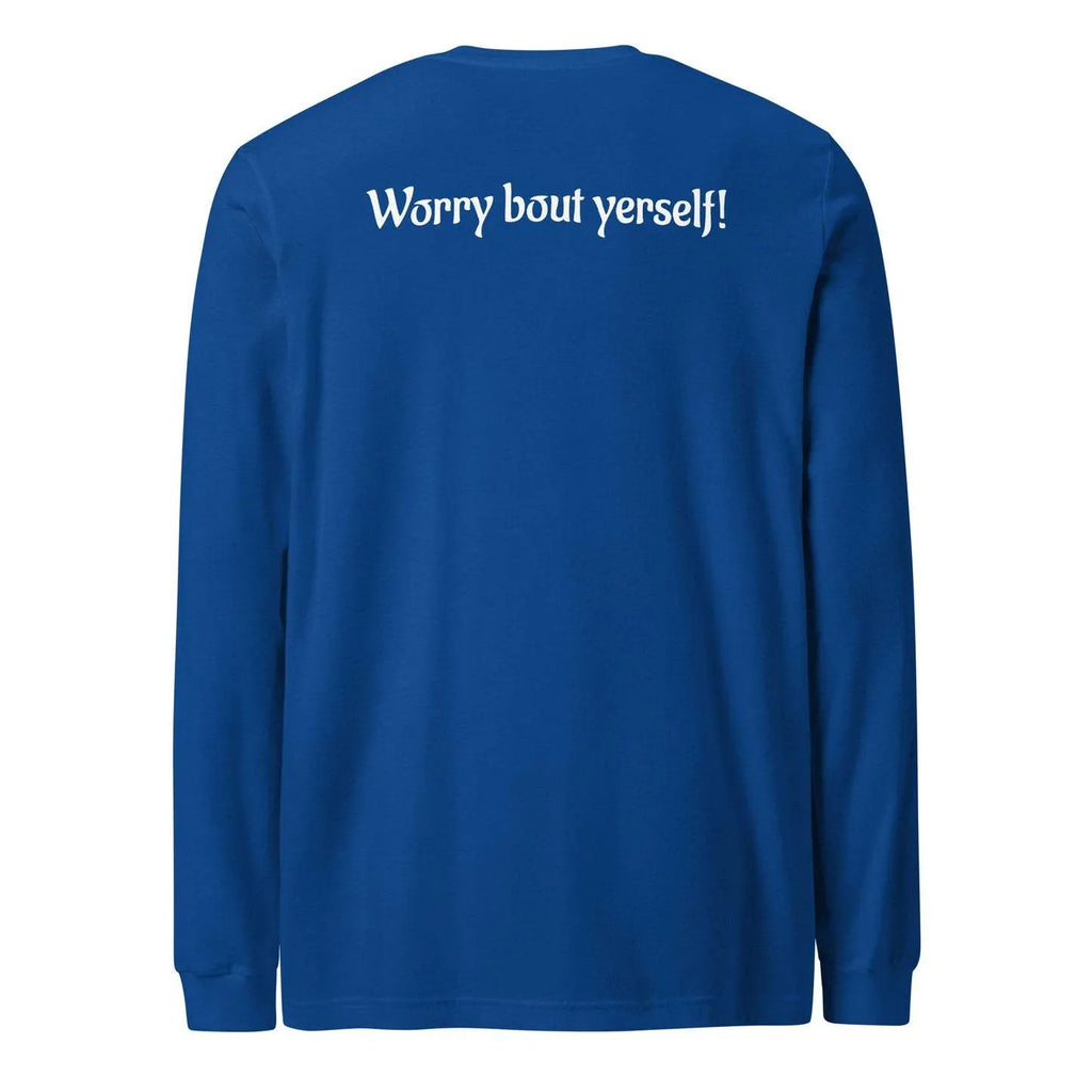 Men's solid blue loose-fitting round neck polyester sweater with printed detail on front.