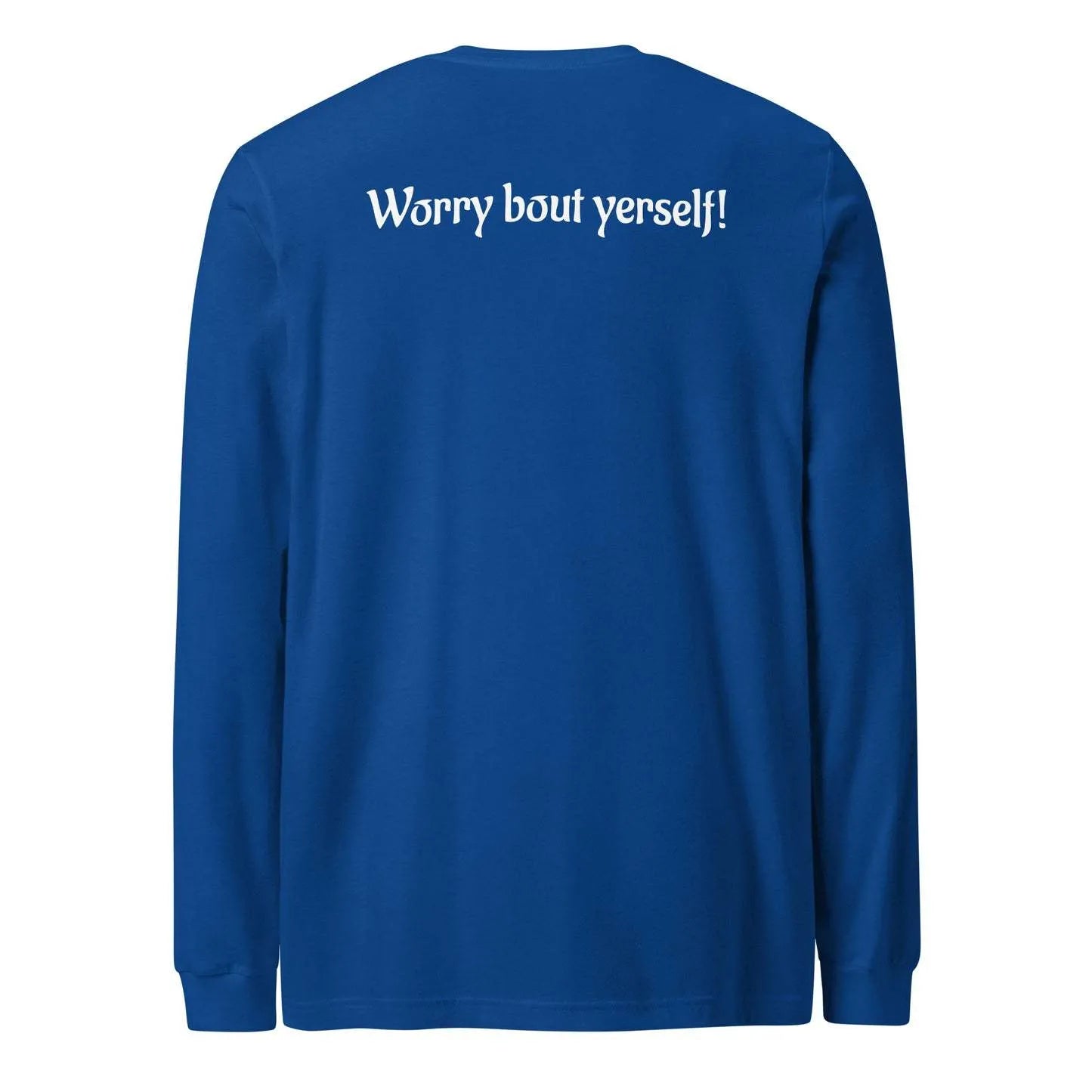 Men's solid blue loose-fitting round neck polyester sweater with printed detail on front.