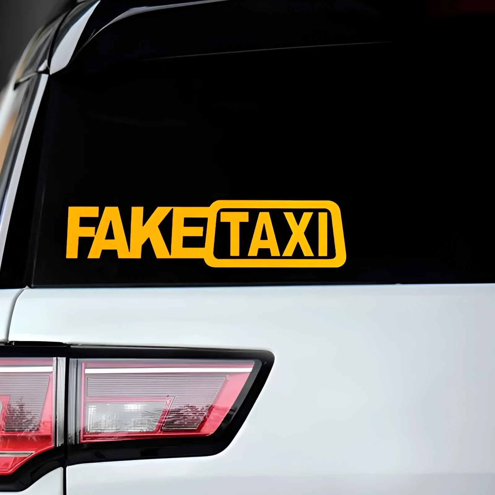 Waterproof PET car warning sticker with FAKE TAXI text measuring 20 by 8 centimetres