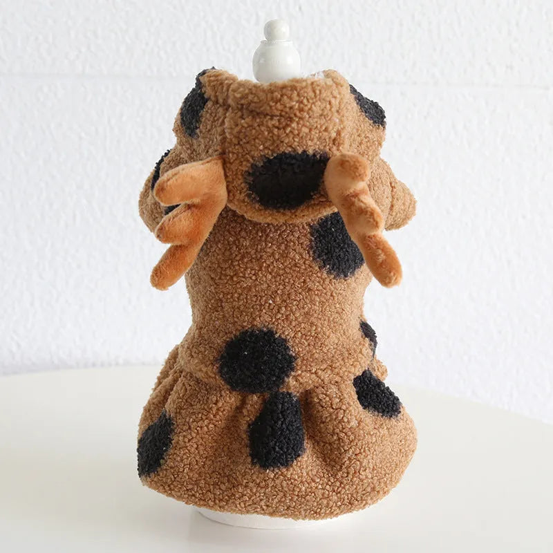 Polka dot pet clothing with elk couple design for dogs and cats in skirt and four-leg styles