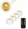 Four white LED tealight candles with flickering flame effect, shown together.