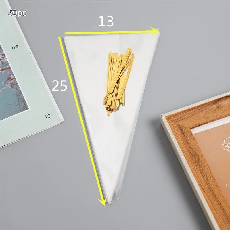 Clear plastic triangle-shaped bag with a twisted metal tie wire closure.