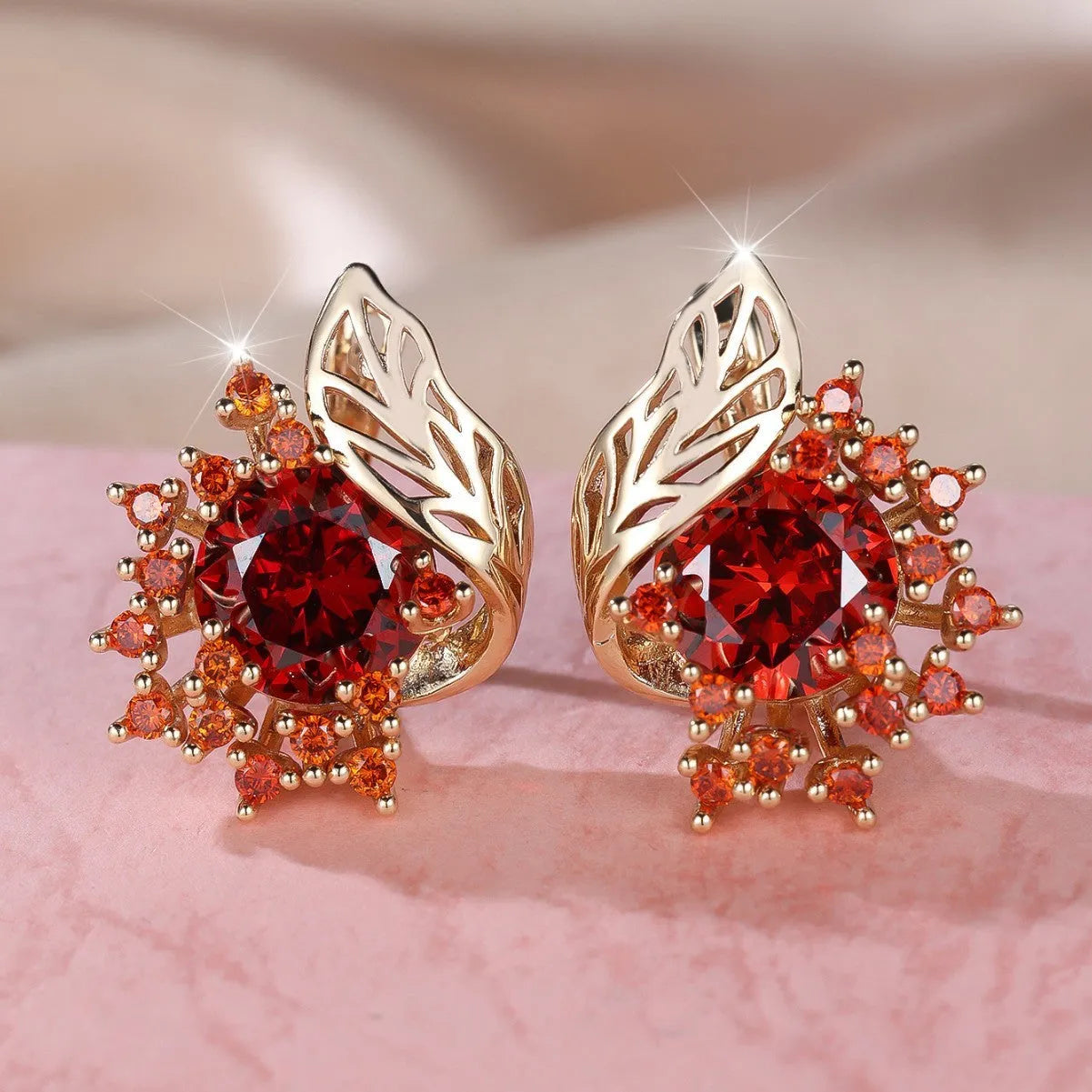 Round flower feather earrings with zircon stones in champagne gold finish, six colour options
