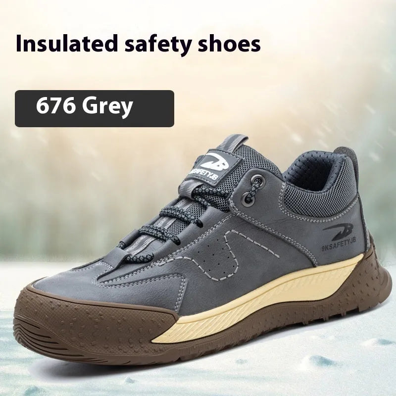 Leather safety work shoes with rubber soles in black, brown, grey, and khaki colours available in sizes 36-46