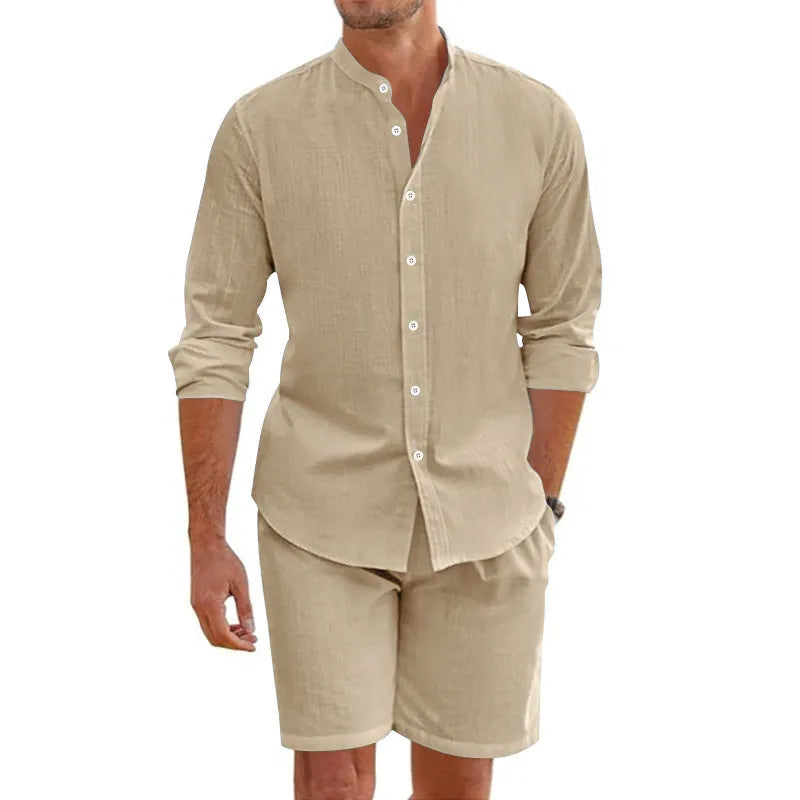 Men's light blue linen blend short sleeve button-down shirt and drawstring shorts suit set for summer.