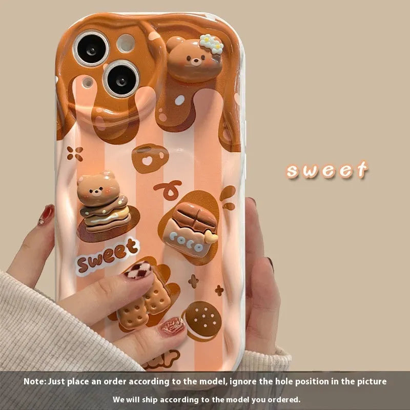 White silicone phone case with chocolate bear doll lanyard for iPhone, cream pattern, anti-fall protection