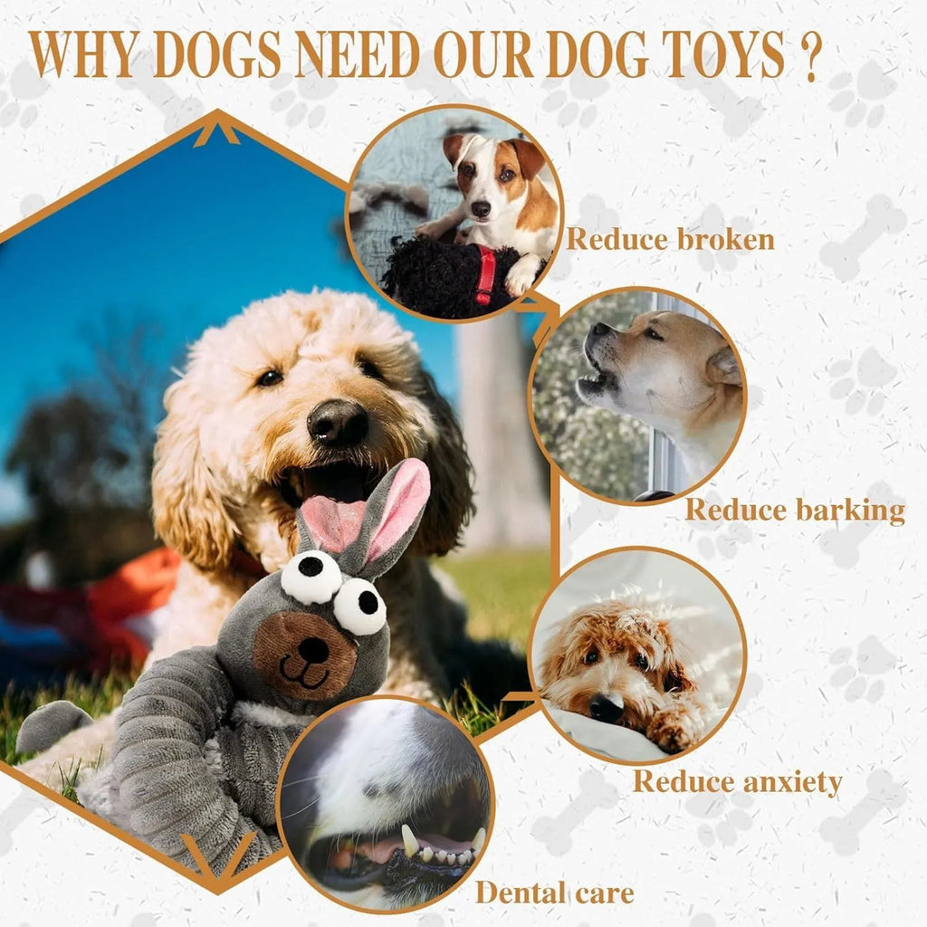 Plush stuffed squeaky crinkle dog toy in brown, gray or yellow colours for small medium large dogs
