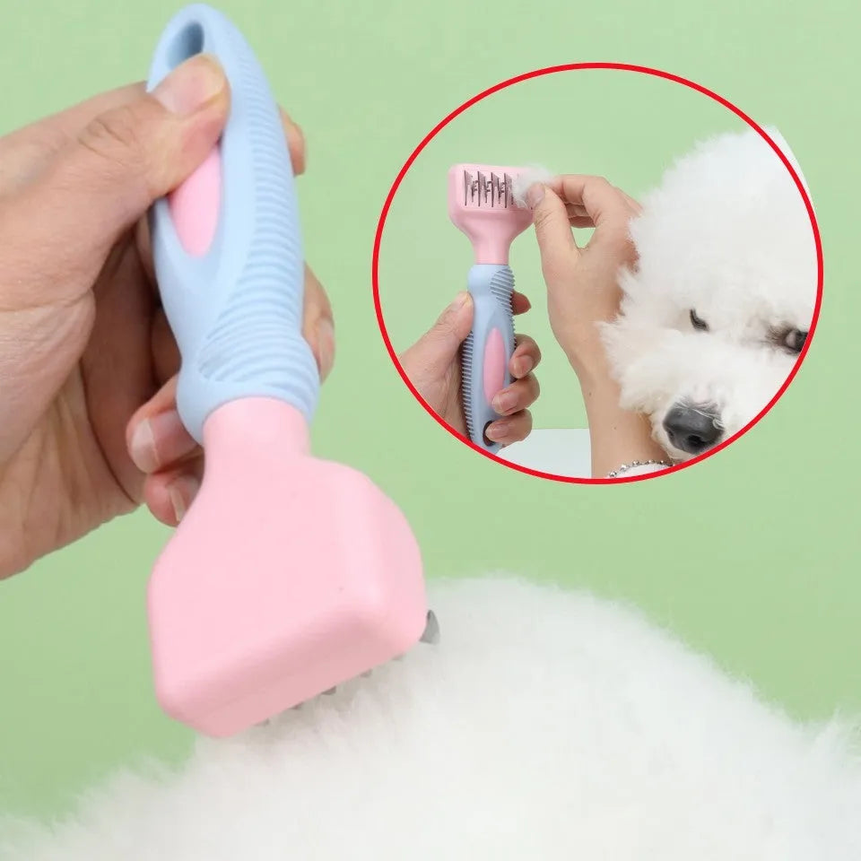 Pink stainless steel pet grooming comb with knot knife on a 170mm long handle.