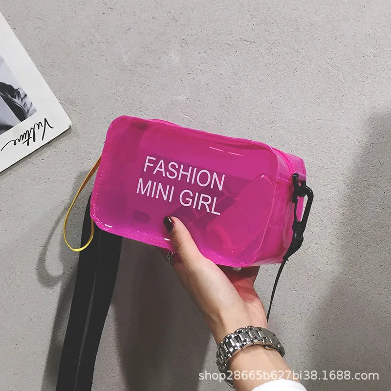 Transparent square jelly shoulder bag with single diagonal cross strap in various colour options