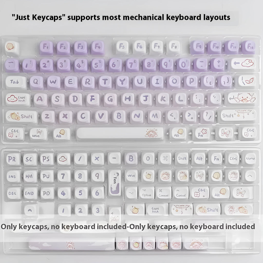 Set of purple gradient mechanical keyboard keycaps with a rabbit design on PBT plastic.