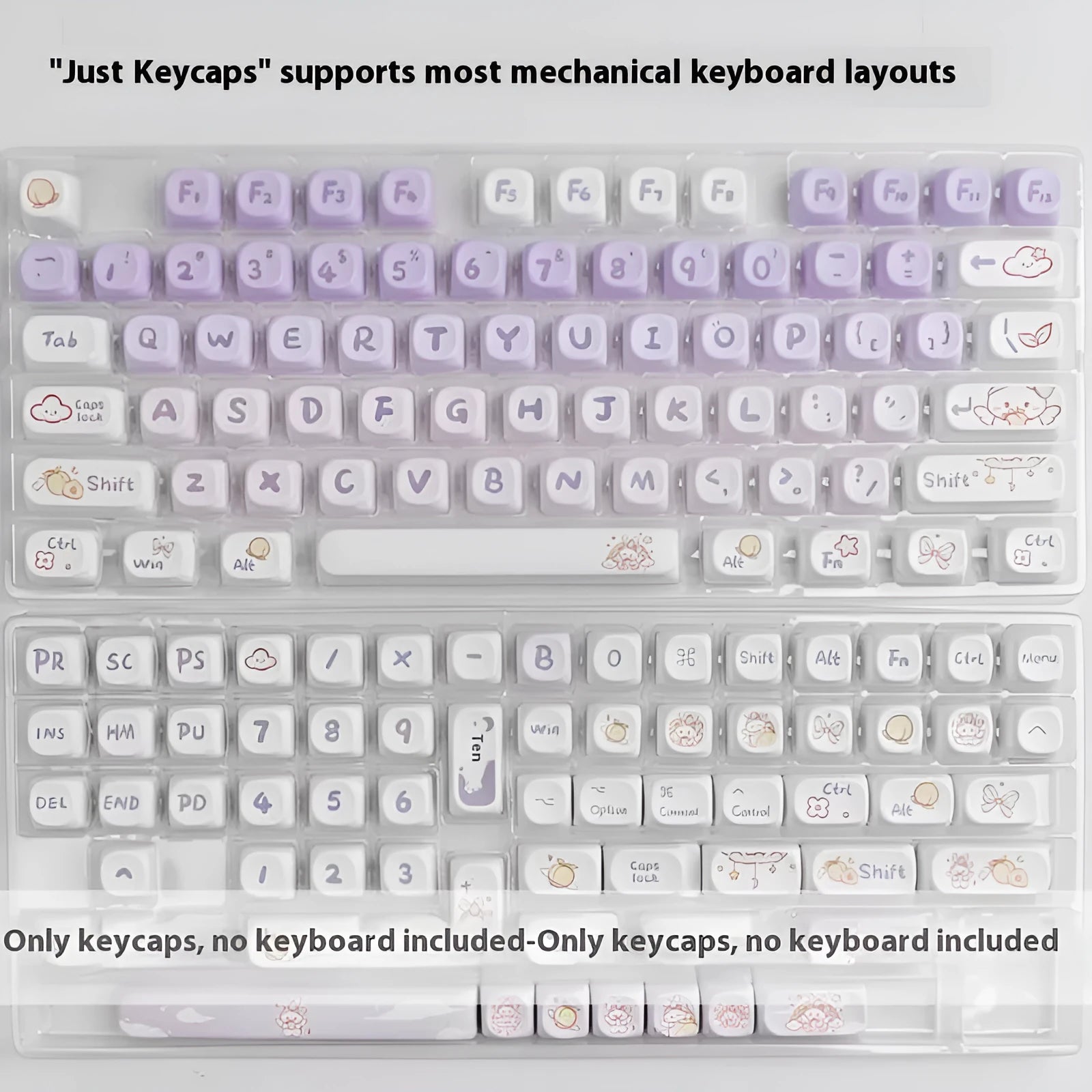 Set of purple gradient mechanical keyboard keycaps with a rabbit design on PBT plastic.