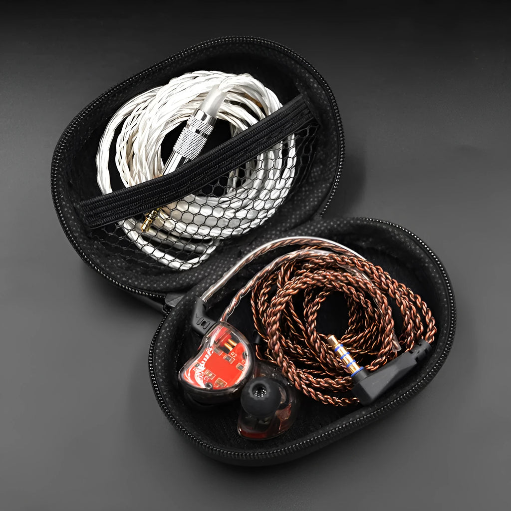 Black oval leather earphone storage bag for EDX PRO and compatible audio accessories