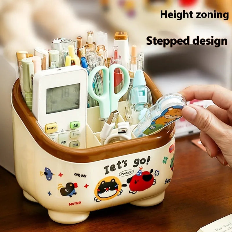 Red and brown cartoon-style plastic desktop storage organiser with grid pattern for stationery and sundries.