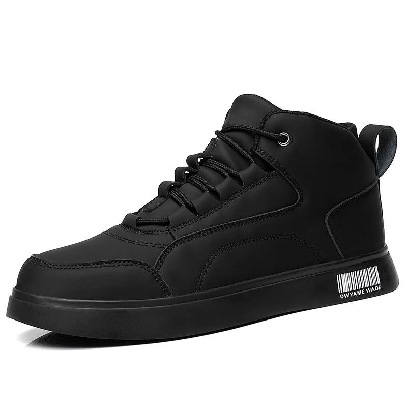 Men's white mid-top casual board shoes with round toe and front lace-up design