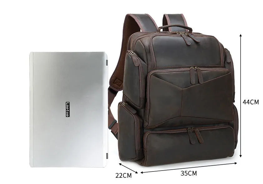 Dark brown genuine cowhide leather backpack with 17-inch laptop compartment and multiple internal organisers