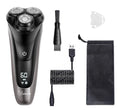 Men's electric shaver grooming kit with three rotating heads and a pop-up sideburn trimmer on a USB charging cable