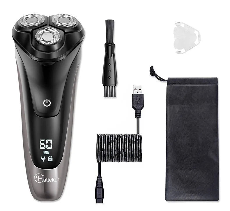 Men's electric shaver grooming kit with three rotating heads and a pop-up sideburn trimmer on a USB charging cable