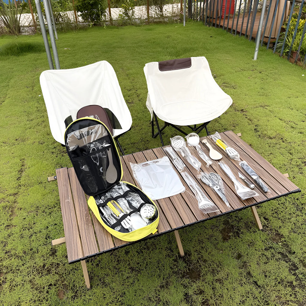 Khaki portable storage bag containing a 12-piece stainless steel picnic cutlery set.