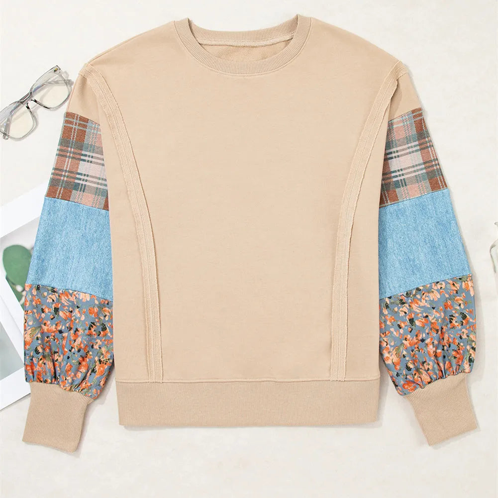 Women's plaid stitching long-sleeved loose top in apricot colour
