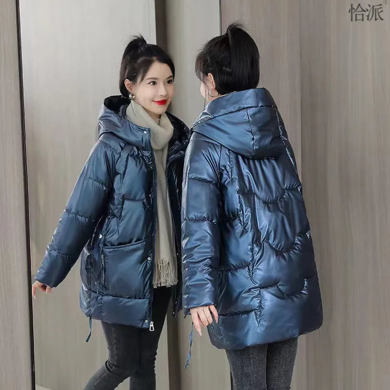 Loose fit women's winter hooded jacket in black, blue, champagne or green colour