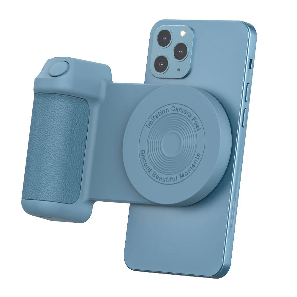 Black magnetic camera grip phone holder with wireless charging and PU leather handle on wooden surface
