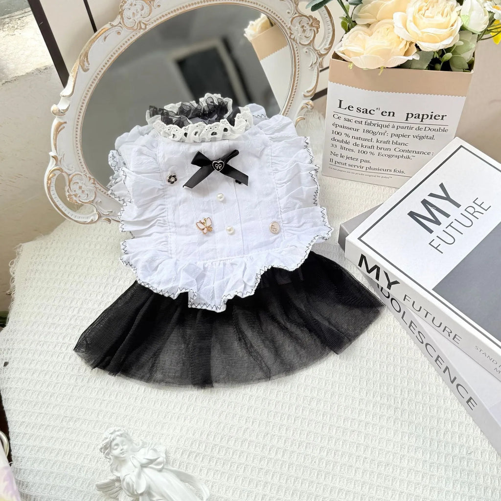 White polyester princess-style waltz gauze skirt for a small dog on a mannequin.