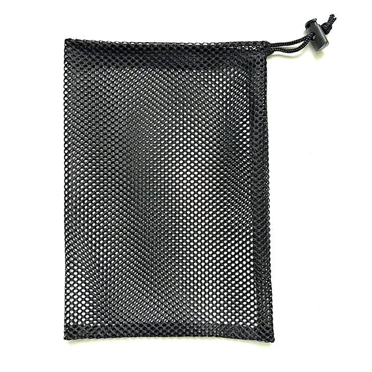 Black mesh drawstring storage bag showing grid pattern and closure