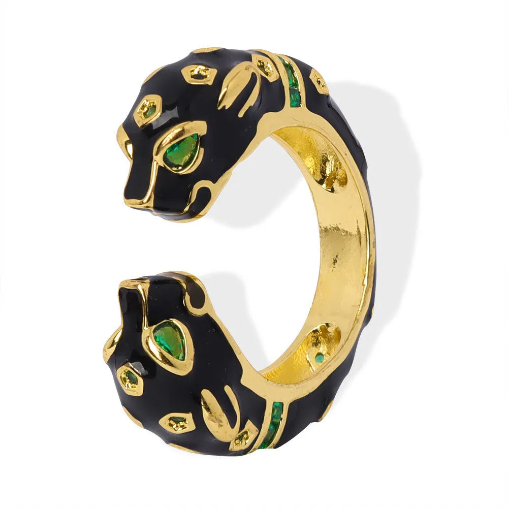 Black cheetah print geometric open ring for women in size 7, made from copper with electroplated finish