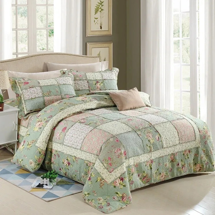 Pure cotton Korean style bedspread set with quilted texture on a bed, showing non-slip cover and matching pillowcases.