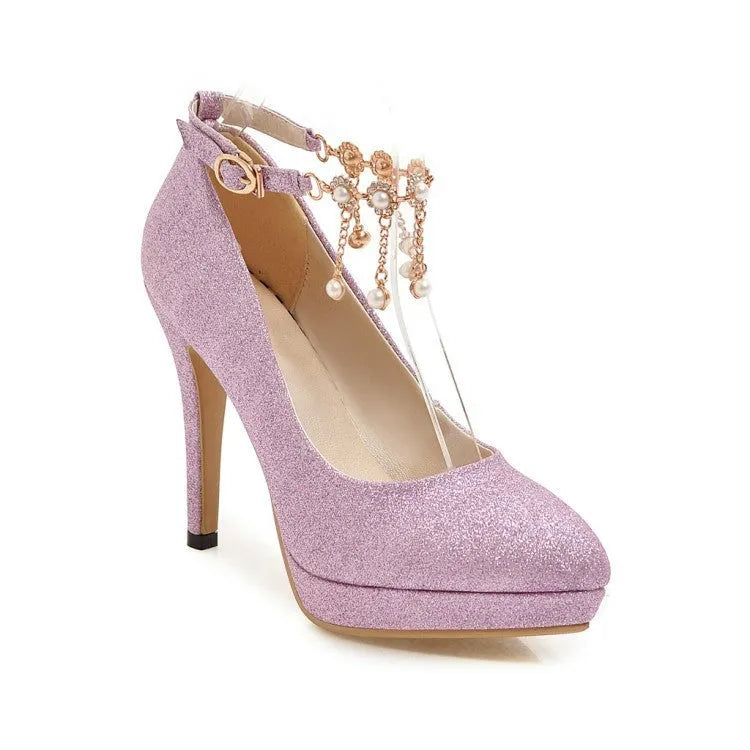 Women's blue platform stiletto heel with special fabric upper on a white background.