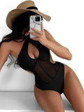 Ladies black one-piece swimsuit with bikini styling in nylon and spandex fabric