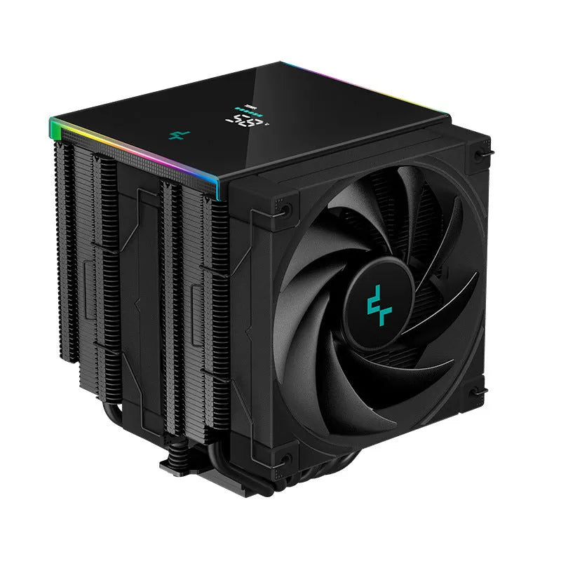 DeepCool black twin tower CPU air cooler with digital temperature display installed on a motherboard.
