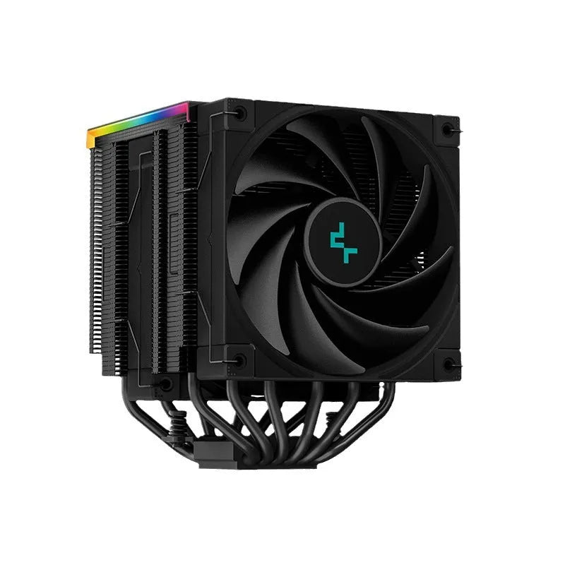 DeepCool black twin tower CPU air cooler with digital temperature display installed on a motherboard.