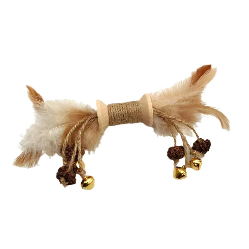 Feather bell gall fruit cat toy in ginger colour with bells and feathers on green background