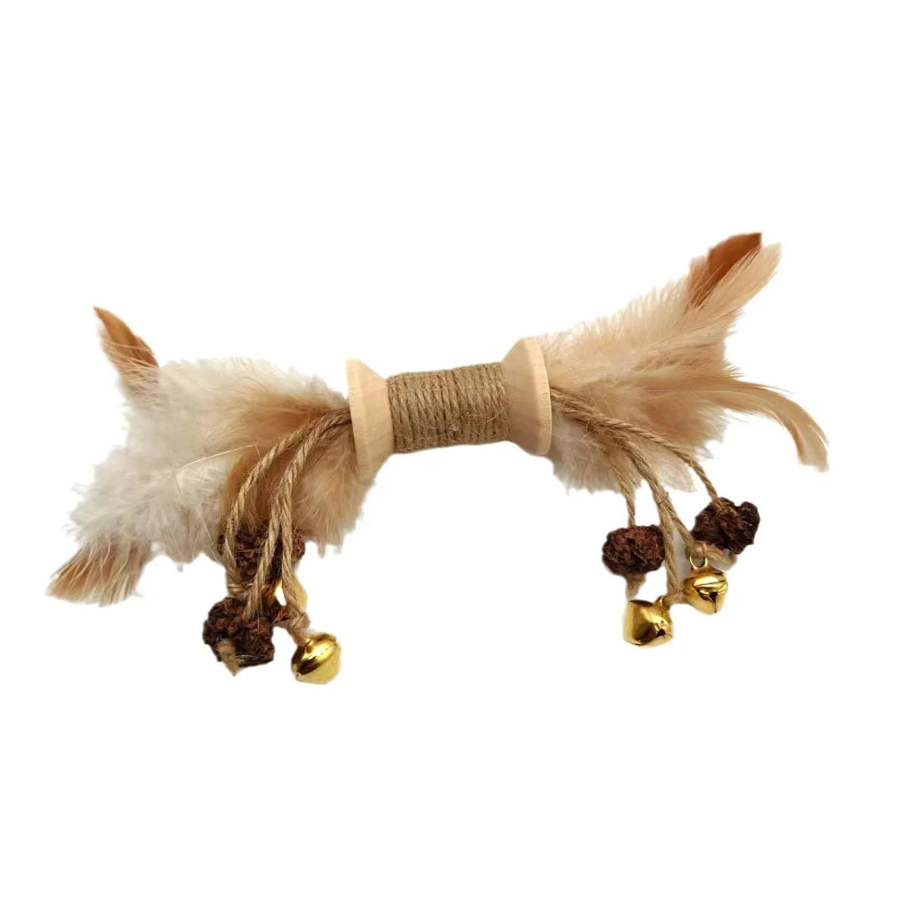 Feather bell gall fruit cat toy in ginger colour with bells and feathers on green background