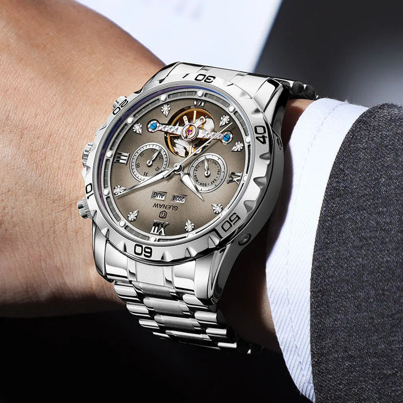 Men's automatic mechanical watch with stainless steel strap and business styling