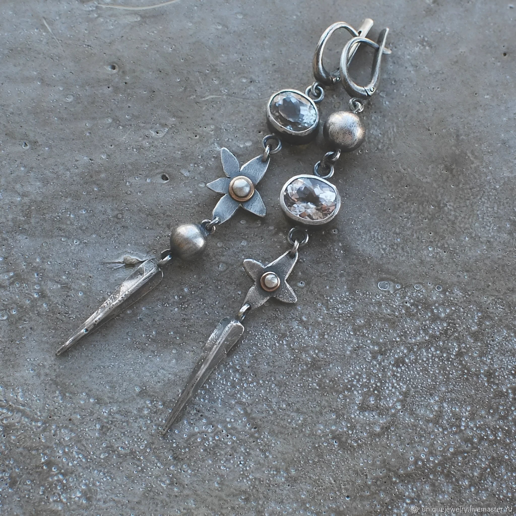 Geometric antique silver pendant earrings with long rhinestone XINGX design