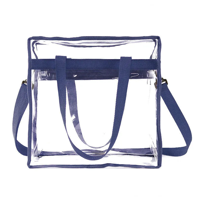 Women's transparent PVC messenger bag with crossbody strap and three-dimensional front pocket.