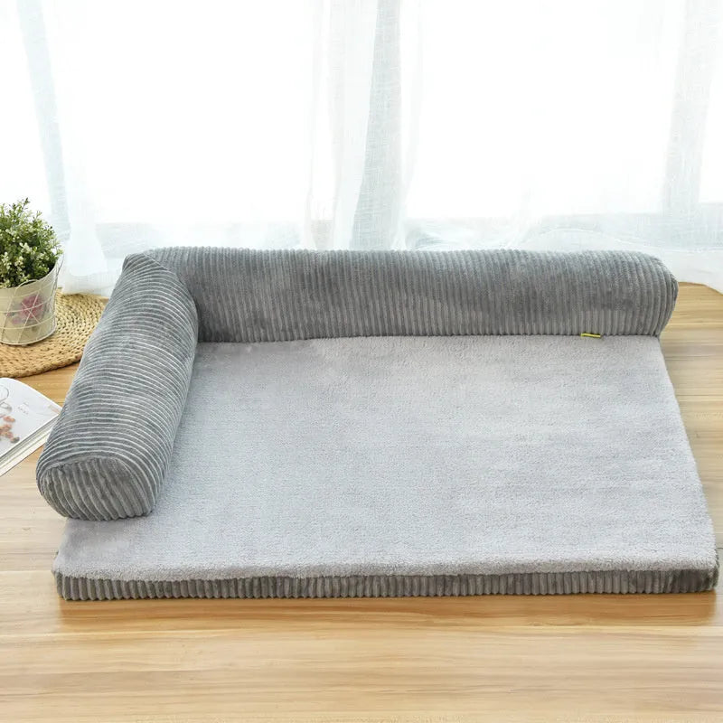 Corduroy pet sofa bed in grey colour with unilateral bolster, showing high-density sponge padding and non-slip base.