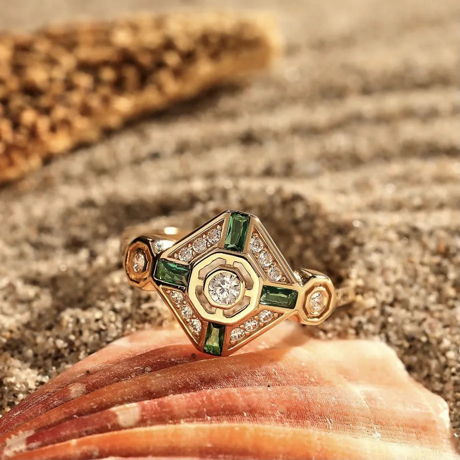 Square-cut emerald green Ins style ring for women on a silver band.
