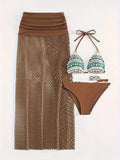 Women's three-piece bikini set with long fishnet skirt in gradient colours