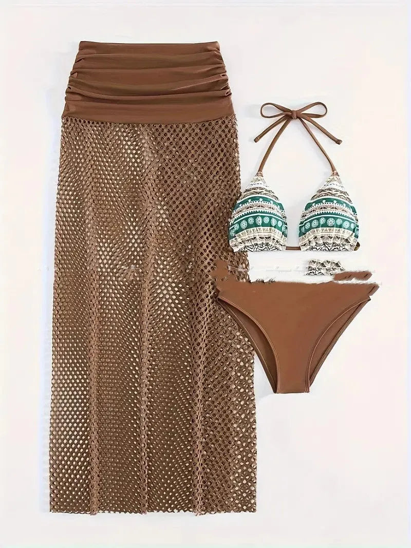 Women's three-piece bikini set with long fishnet skirt in gradient colours