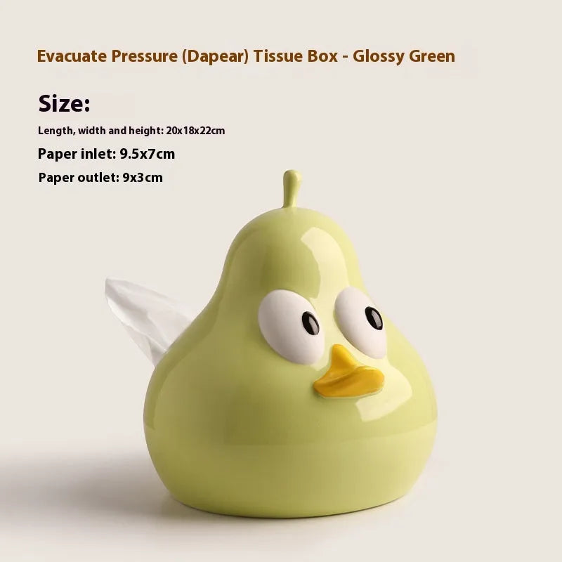 White ceramic pear-shaped tissue box holder with cute animal design in green glaze finish