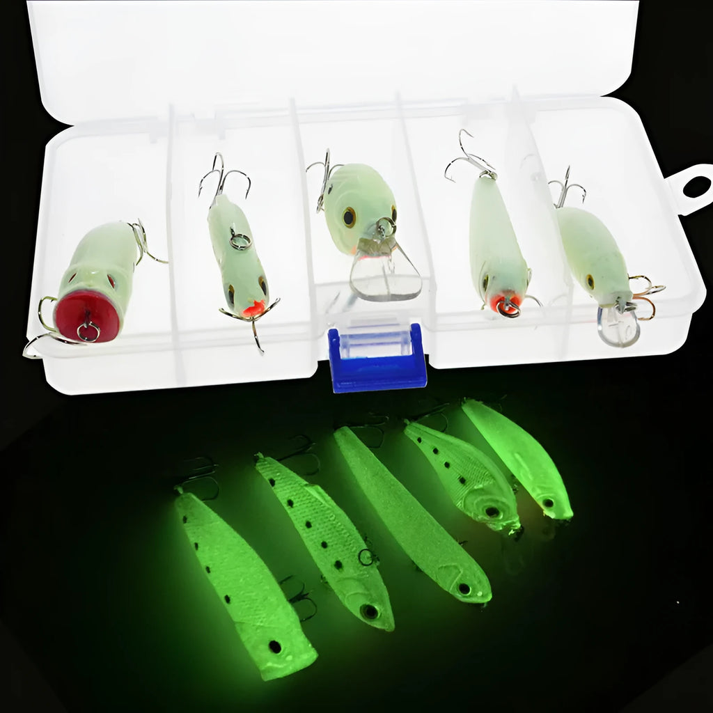 Set of five 3D fluorescent simulation luminous hard bait fishing lures for sub-surface fishing