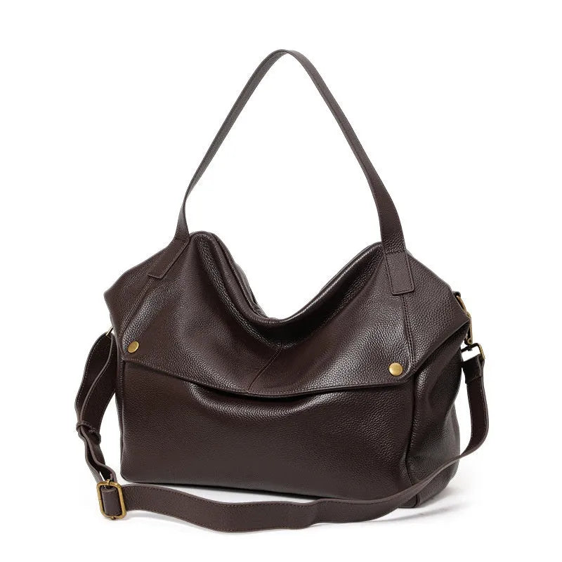 Brown genuine leather women's shoulder bag with a structured square shape and a top handle.