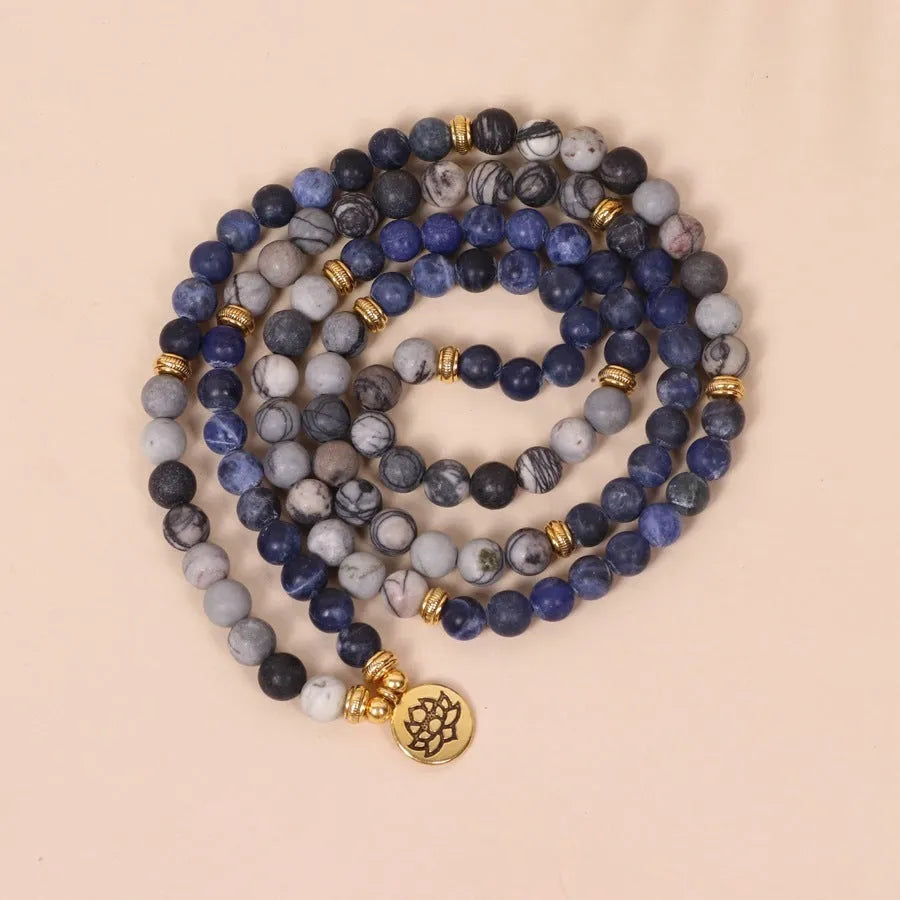 Blue patterned network stone bead multi layer bracelet with alloy charms and adjustable clasp
