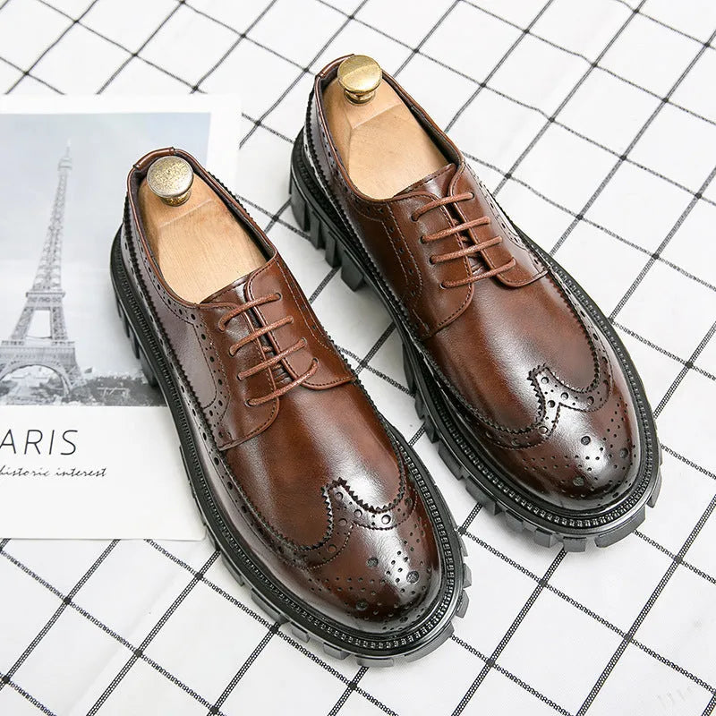 Men's black and brown brogue business shoes with round toe and breathable design
