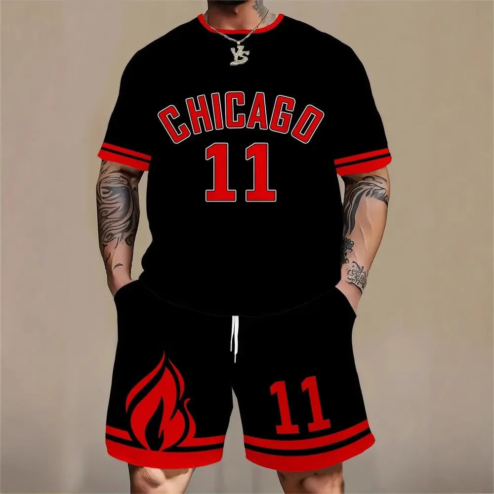 Men's personality letter print suit set with short sleeves and matching shorts