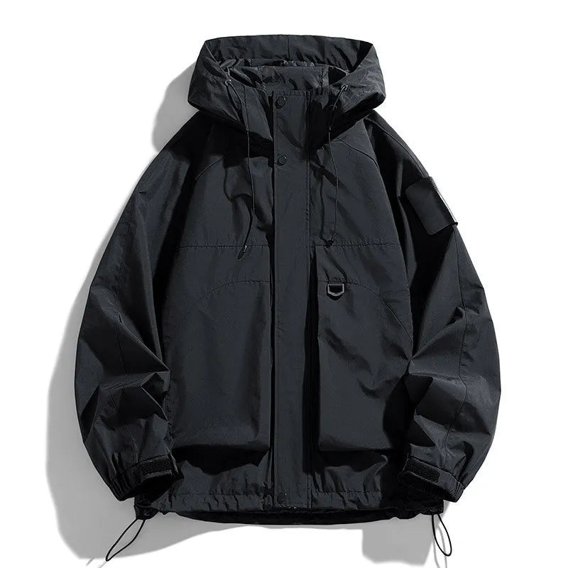 Men's black waterproof hooded jacket with long sleeves on a hanger.